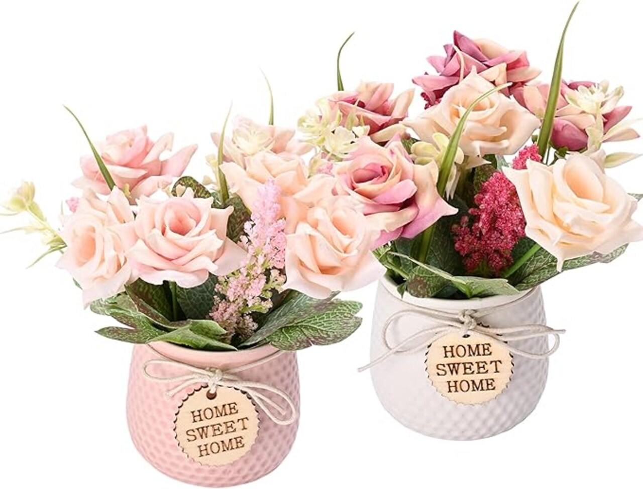 Artificial Flowers with Vase, 2pcs Pink Silk Roses in Pot, Fake Flowers Bouquet Decoration in Ceramics Vase Faux Floral Arrangement for Table Centerpieces Spring Decor Home Office Farmhouse